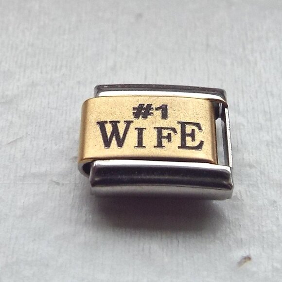 #1 Wife gold matte laser 9mm stainless steel italian charm bracelet link new - Picture 1 of 2